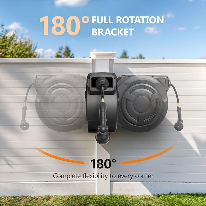wikiwiki Retractable Garden Hose Reel 1/2 in x 50 ft, Heavy Duty Wall Mounted Hose Reel with 10- Function Sprayer Nozzle, Automatic Slow Return System/180°Swivel Bracket/UV Resistant (Black)
