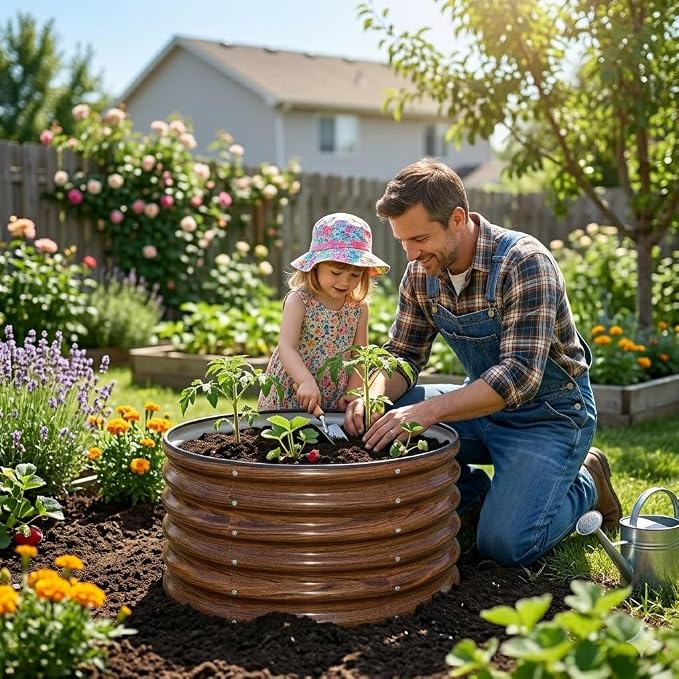 SnugNiture Raised Garden Bed, 2×2×1.5ft Round Galvanized Outdoor Planter Box, 17" Tall Deep Metal Garden Bed Kit for Planting Vegetables, Fruits, Flowers, Brown