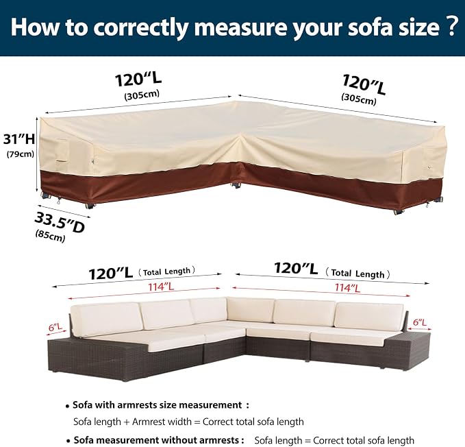 Outdoor Sectional Cover Patio Furniture Covers Waterproof Rip-Stop Anti-UV 600D Heavy Duty Outdoor Couch Sofa Cover with 3 Air Vents (V-Shaped-120''X120''),Beige & Reddish Brown