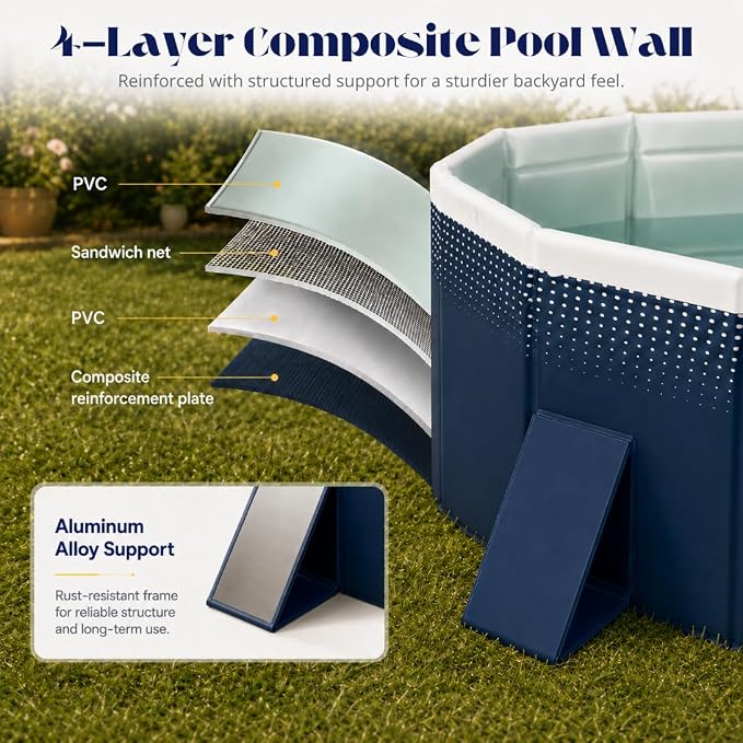 82.67-Inch Foldable Swimming Pool, Blue Non-Inflatable Rectangular Pool for 3-4 People, 4-Layer Composite PVC, Aluminum Alloy Frame, Dual Drains for Backyard Summer Fun