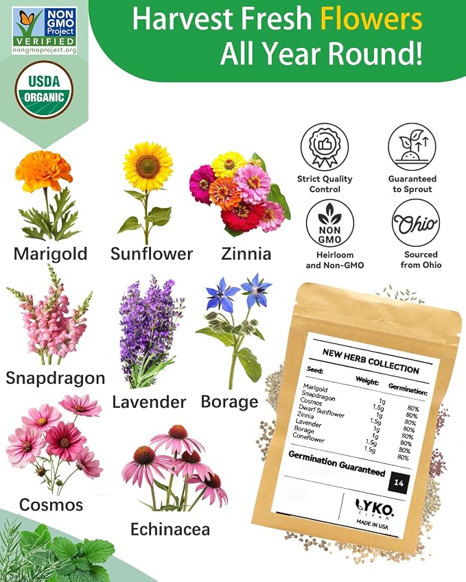 Vibrant Flower Seed Pod Kit Compatible with Gardencube, idoo,Ahopegarden Hydroponics Growing System with Marigold,Snapdragon,Cosmos,Sunflower,Zinnia,Lavender,Borage,Coneflower(16-Pod)