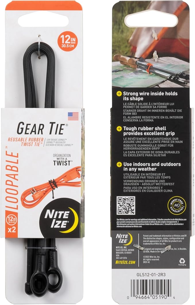 Nite Ize Gear Tie Loopable Twist Tie - Reusable & Flexible Twist Ties - Bendable Cable Ties for Gear & Cords - Loopable Ties for Secure Fastening - 12", Neon Yellow (3 Pack)