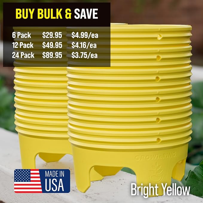 7 inch Solid Planting Grow Rings | 12 Pack Yellow | One-Piece Design for Deep Root Watering Veggies, Herbs & Flowers | Mulch & Soil Barrier | Deter Slugs and Cutworms | Heavy Duty | Made in USA