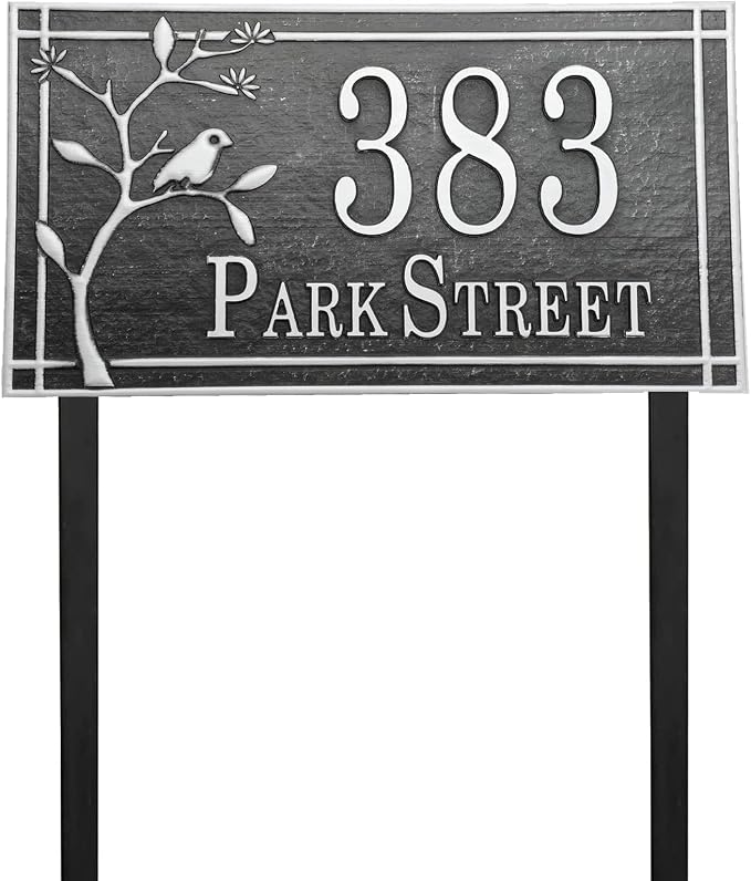 Address Sign Lawn Mounted Metal - Custom House Number Plaque Sign with 2 Metal Stakes,House Address Numbers for Outside House,Yard,Garden,Grass,Ground,Drive Way,Lawn,4 Colors, 13''x 7''