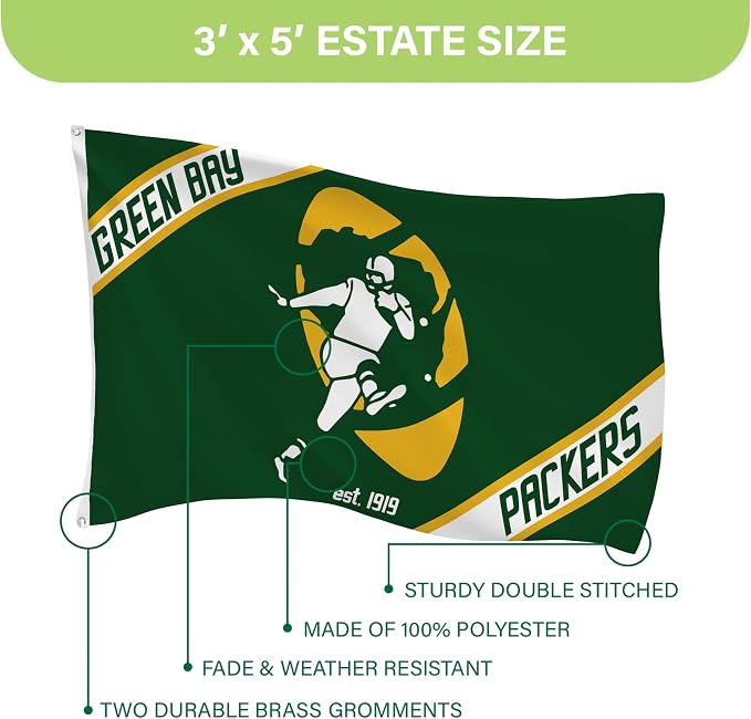 NFL Green Bay Packers Flag with Vintage Logo, 3' x 5' Outdoor Estate Flag with Grommets, Outdoor Banner for Garden Patio Decoration, Indoor Wall Decor Flag for Room, Works with Flag Poles for Outside House