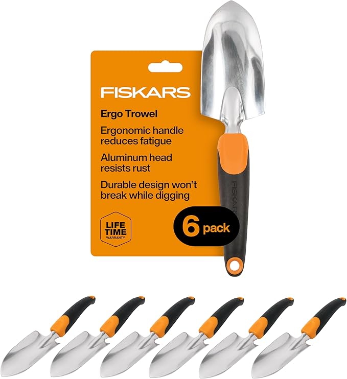 Fiskars Ergo Garden Trowel for Digging and Planting, Heavy Duty Gardening Hand Tool with Hanging Hole, Pack of 6