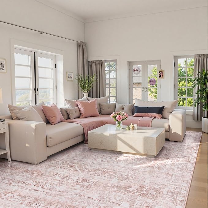 Lahome Pink Area Rugs 8x10,Floral Large Area Rugs for Girl Nursery Room | Washable Boho Living Room Rugs,Non-Slip Soft Bedroom Rug 8x10 Under Bed Rug for Dining Room Table Office Aube (Pink,8'X10')