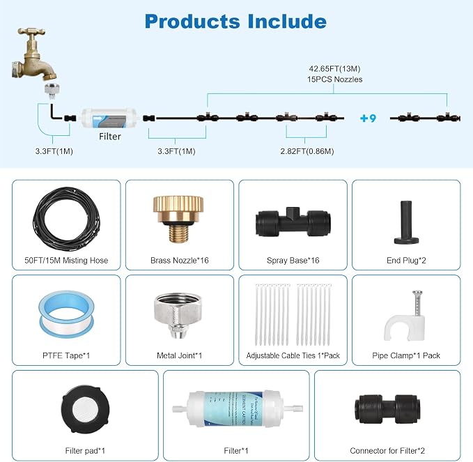 50ft/15M Misters for Outside Patio with Water Filter Misting Systems Pre-Assembled 15 Brass Mist Nozzles, Installation-Free Outdoor Misting Cooling System for Garden Waterpark Greenhouse