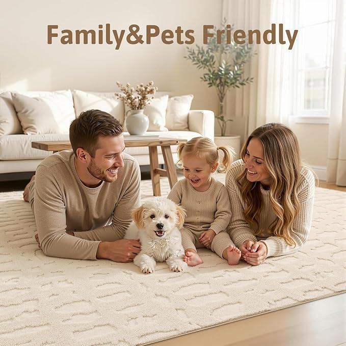 Yamaziot Washable 4x6 Area Rugs for Living Room Textured Non Slip Rug Beige | Modern High-Low Geometric Pattern, Soft Fluffy, Neutral, Minimalist Floor Carpet for Bedroom Dining Room Nursery Kids Room