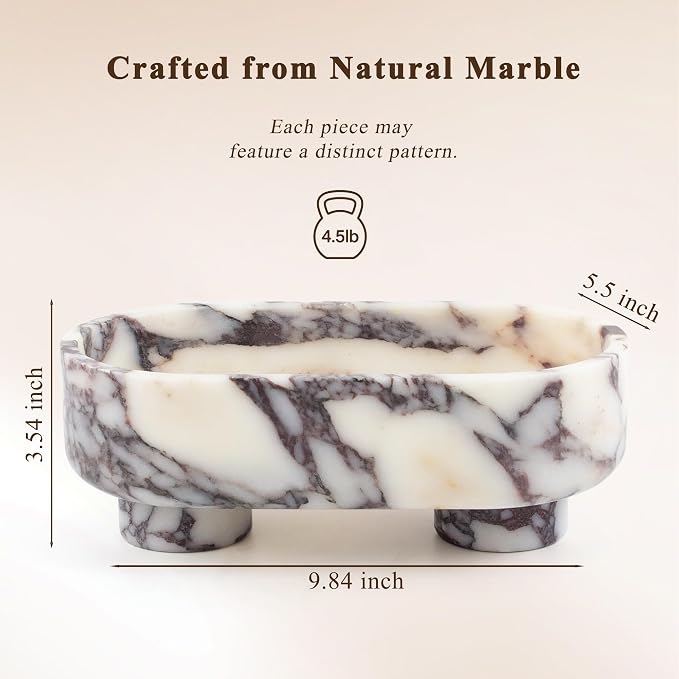 LIN CHUAN Natural Oval Marble Fruit Bowl for Kitchen Counter | Two-Legged Decorative Pedestal Bowl for Dining Table Decor, 10" Luxury Entryway Catchall Purse Bowl - Calacatta Viola