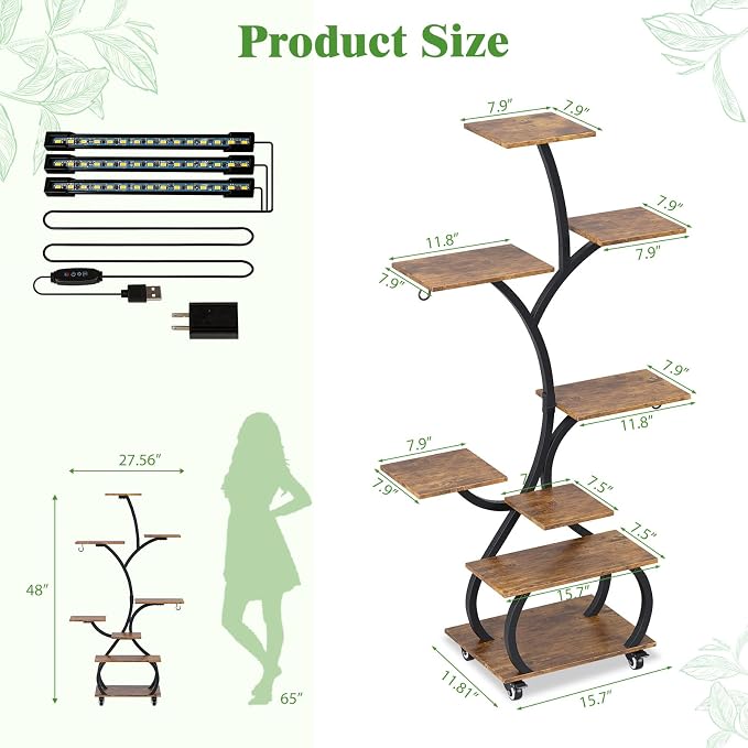 Plant Stand Indoor 2-Pack, 48" Small Space Indoor Plant Shelf with Full Spectrum Grow Lights, Mobile 8-Tier Tree-Shaped Display Rack Set of 2, for Living Room, Balcony & Office, Black and Brown