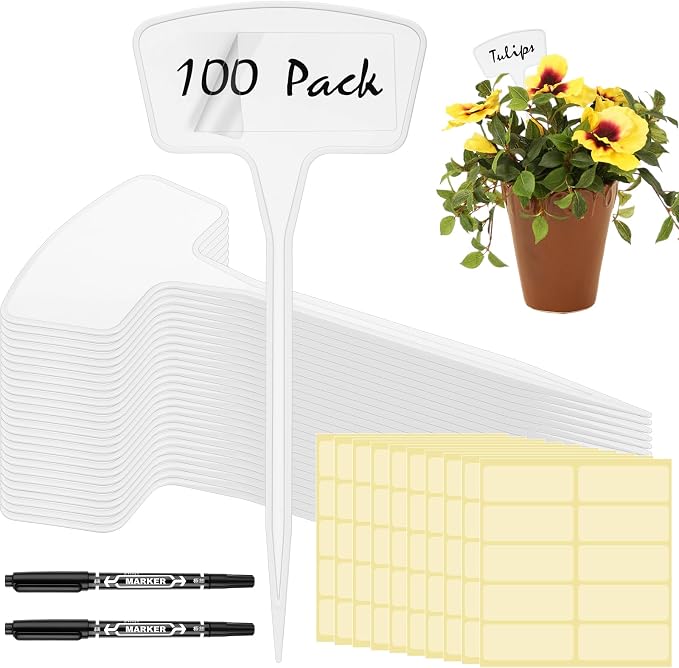 202 Pcs Large Plant Labels Kit 10.63 Inch Include 100 Outdoor White Plastic Plant Tags Waterproof Reusable Markers Stakes 100 PET Films and 2 Marker Pens for Garden Herbs Flowers Pot