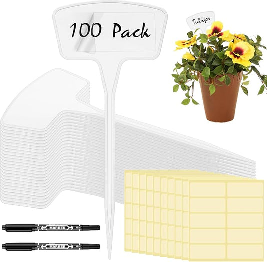 202 Pcs Large Plant Labels Kit 10.63 Inch Include 100 Outdoor White Plastic Plant Tags Waterproof Reusable Markers Stakes 100 PET Films and 2 Marker Pens for Garden Herbs Flowers Pot