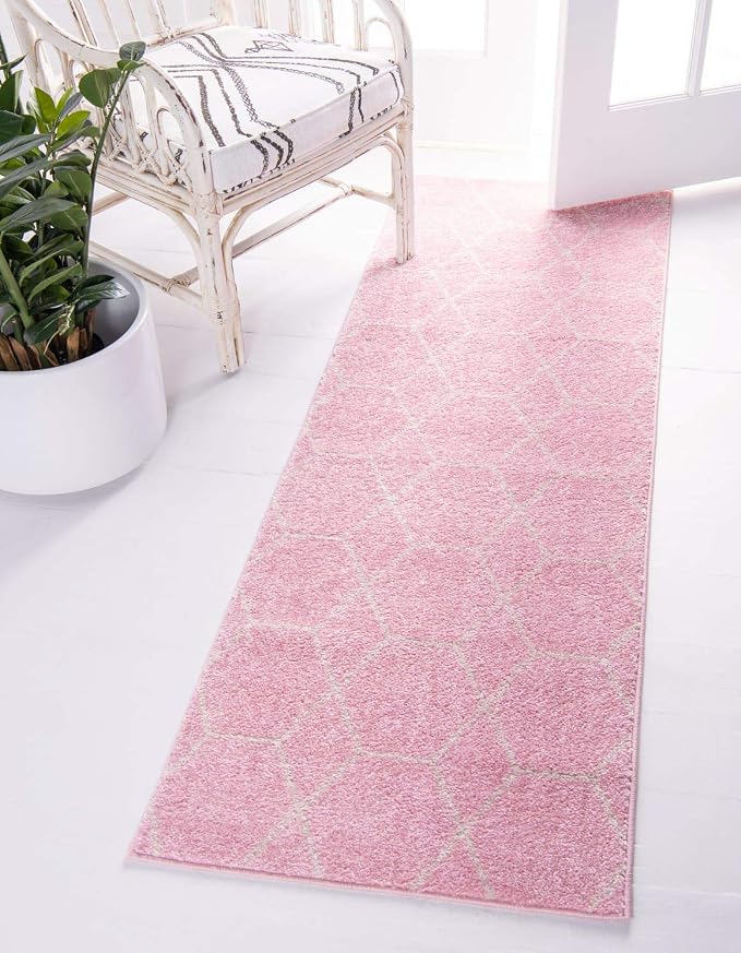 Unique Loom Trellis Frieze Collection Area Rug - Geometric (2' x 6' 1" Runner Light Pink/Ivory)