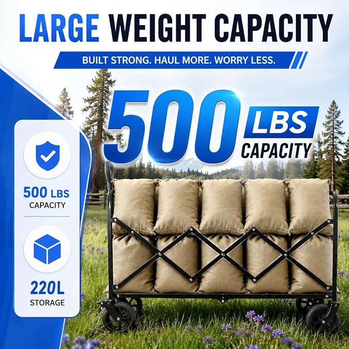 Wagons Carts Foldable, 500 lb 220L Collapsible Wagon with Brakes | Folding Wagon Cart with brakes, compact folding design and large storage for camping, groceries, sports and outdoor hauling
