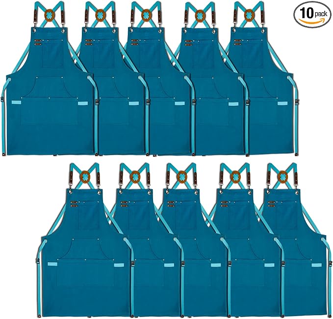10 Pack Kitchen Apron, Work Apron, Canvas Apron, Blue | Multiple Pockets, Gardening, Painting, BBQ, Artist, Carpenter, Sizes M to XXL