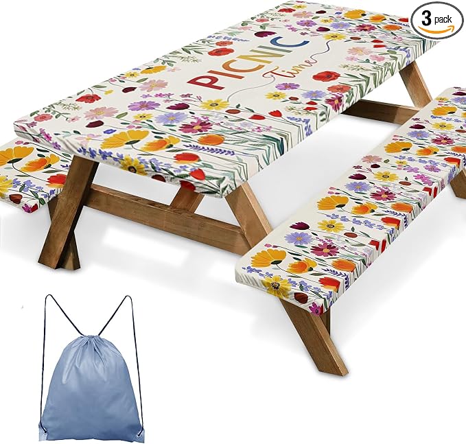 Picnic Table Cover with Bench Covers Elastic Edges, Wildflower Boho Camper Fitted Table Cover, Outdoor Camping Essentials 72 Inch 3PCS, Waterproof Camping Fitted Tablecloth with Drawstring Bag