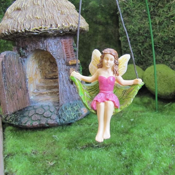 Treasure Gurus Miniature Leaf Tree Swing Fairy Girl Figurine Garden Accessory Dollhouse Decor