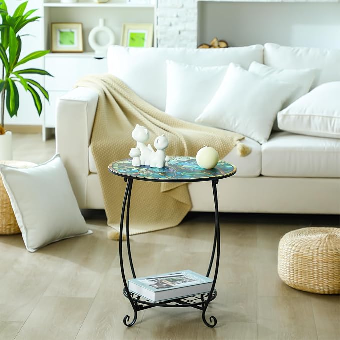 Cinnvoice Outdoor Side Table Round Small Mosaic Patio Accent Indoor End Plant Coffee Tea Table for Yard Patio Porch Garden Living Room, Bedroom(Butterfly Style,18 Inch)