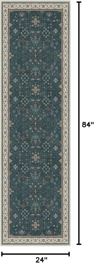 Vintage 2x7 Washable Runner Rug Non Slip for Kitchen, Bathroom, Hallway - Low Pile Stain Resistant 7ft Long Runner Rugs - Victorian Eclectic Floral Pastel Home Decor (2x7 Dark Green)