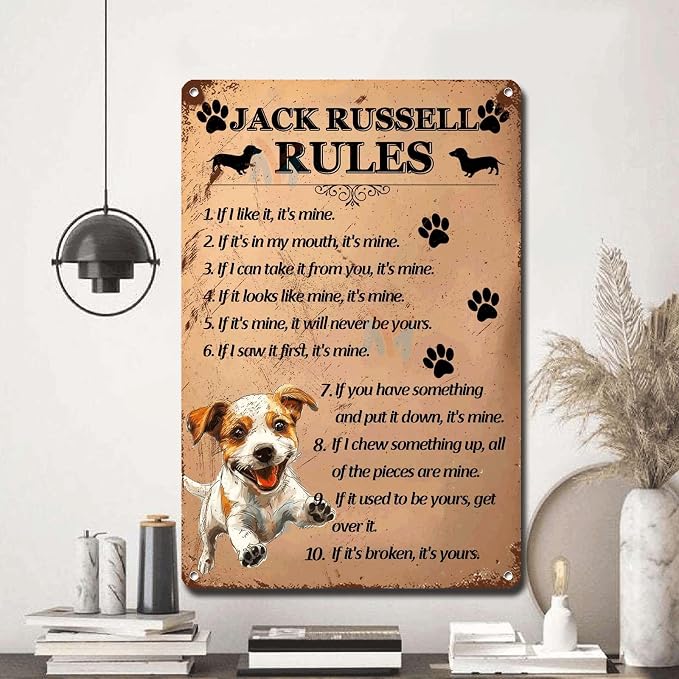 Metal Sign Tin Sign Vintage Wall Art Jack Russell Rules Tin Sign Paper for Home Decor 12×16 Inches