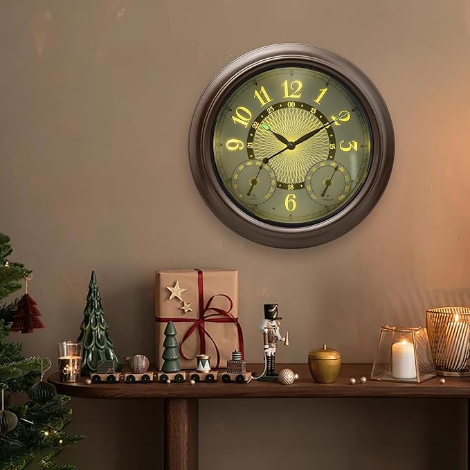 Pytha Sight Illuminated Large Metal Outdoor Clocks Waterproof 18 Inches With AI Auto Light Smart Sensor,Extra Big Indoor Outdoor Wall Clocks With Thermometer & Hygrometer for Patio, Pool, Garden,Porch