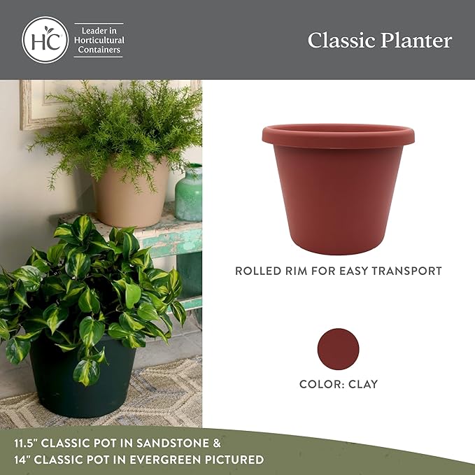 The HC Companies Classic Round Plastic Plant Pot w/Rolled Rim - Lightweight & UV Resistant Flower Pot for Herbs & More - Outdoor & Indoor Plant Pots w/Drainage (11.5 inch Clay, Pack of 1)