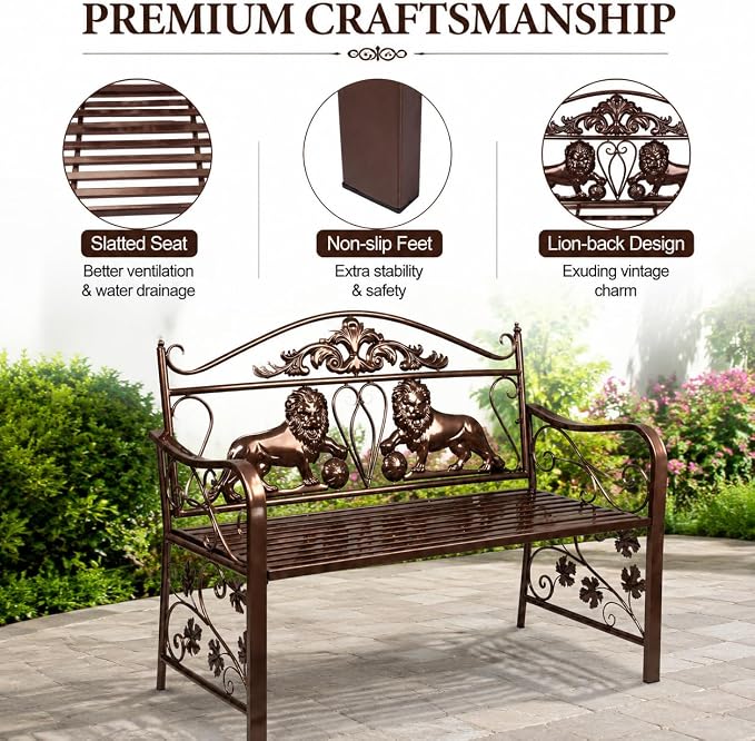 44.5" Outdoor Garden Bench, Heavy-Duty Metal Frame Patio Park Bench with Vintage Lion Design for Porch, Balcony, Backyard & Entryway