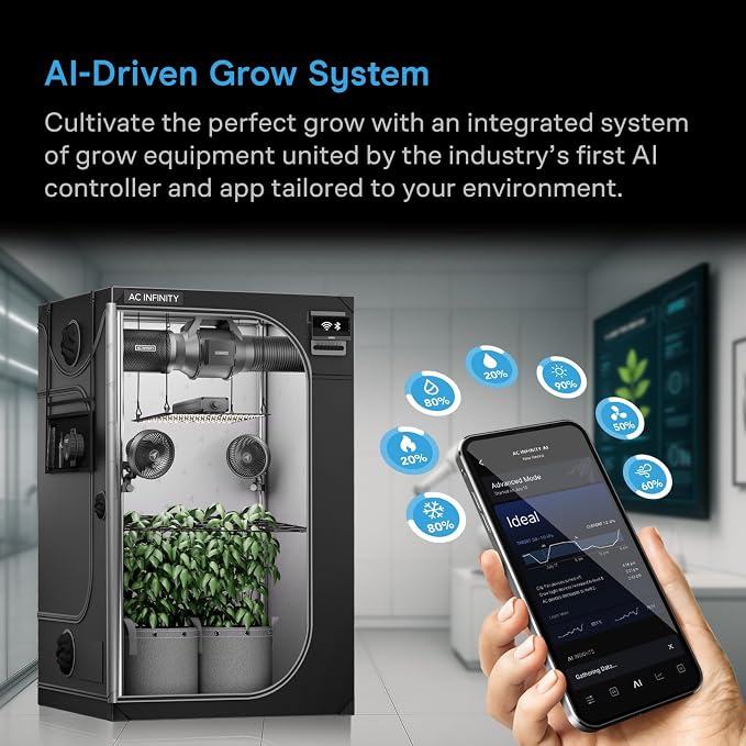 AC Infinity AI Grow System 4x4, 4-Plant Kit w/Self-Learning AI Controller. | Dynamic Airflow & LM301H LED Lighting Control, 2000D Mylar Tent w/ Lab-Tested Reflectivity, Largest Zippered Window