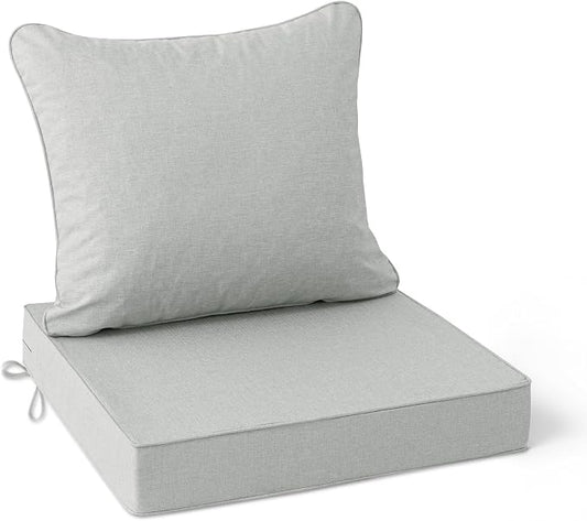 Summsun Patio Cushions for Outdoor Furniture, Faux Linen Water Resistant Backrest and Seat Cushion Set with Non-Slip Bottom, Straps, Removable Cover, 19 x 19 Inch, Light Grey