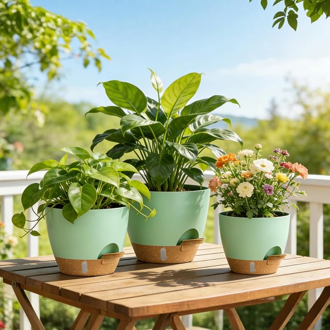 Plant Pots, 4 Pack 12/10/9/8 Inch Self Watering Pots with Drainage Holes, Water Level Indicator Deep Reservoir, Large Planters for Indoor Outdoor Plants - Green Brown