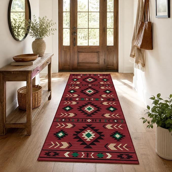 Western Runner Rug 2x6 for Hallway Kitchen Bedroom, Southwestern Aztec Tribal Runner Rugs Southwest Navajo Machine Washable Rug Non-Slip Printed Low-Pile Floor Carpet Mat for Living Room, Red
