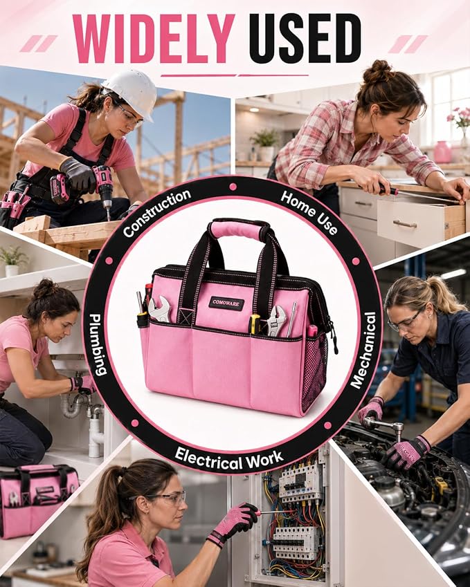 COMOWARE 13-Inch Tool Bag, Pink Soft Storage Bags with Inside Pockets, Wide Mouth Pink Tool Tote Bag