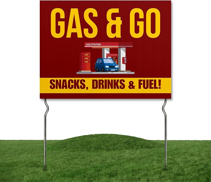 Gas & Go - Snacks, Drinks & Fuel! Yard Sign by DC | 24"x18" Double Sided Conv. Store Garden Sign with 13” Metal Stakes | Outdoor Signs Waterproof for Lawn, Patio, Sidewalk & House | Set of 2