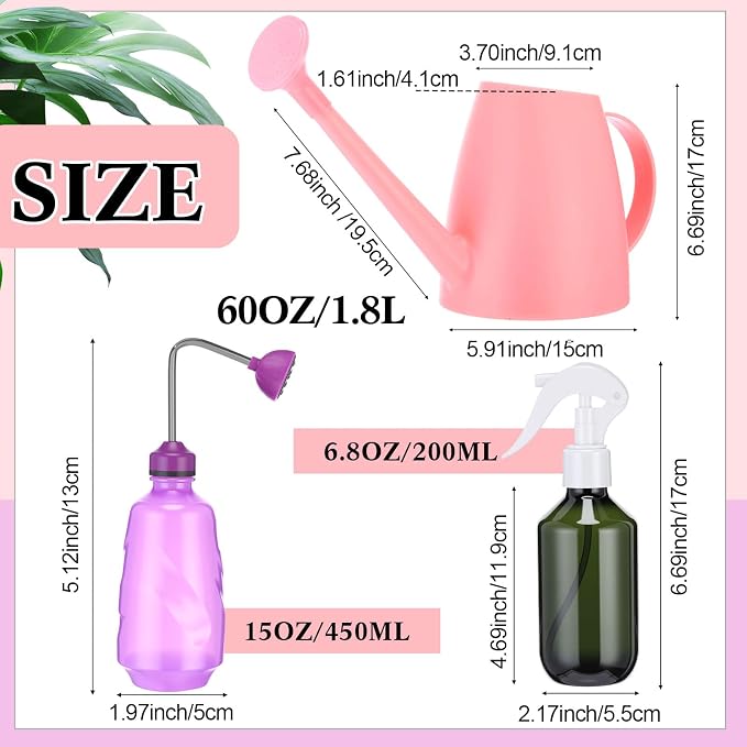 Reallnaive 1/2 Gallon Long Spout Watering Can Set for Indoor & Outdoor Plants – Includes Spray Bottle, Squeeze Bottle, Watering Globes & Soil Moisture Meter for Garden & House Plants(Pink)