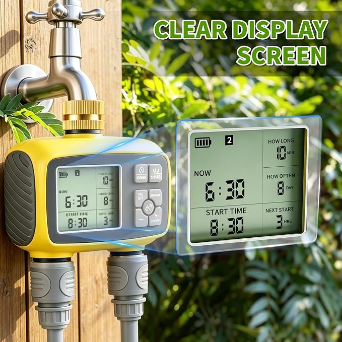 Boltigen Upgraded Brass Sprinkler Timer-2 Zone Water Hose Timers with Metal Inlet & Outlet-Waterproof & Programmable Design Timer Rain Delay & Manual Watering, for Outdoor Garden Irrigation Lawn Yard