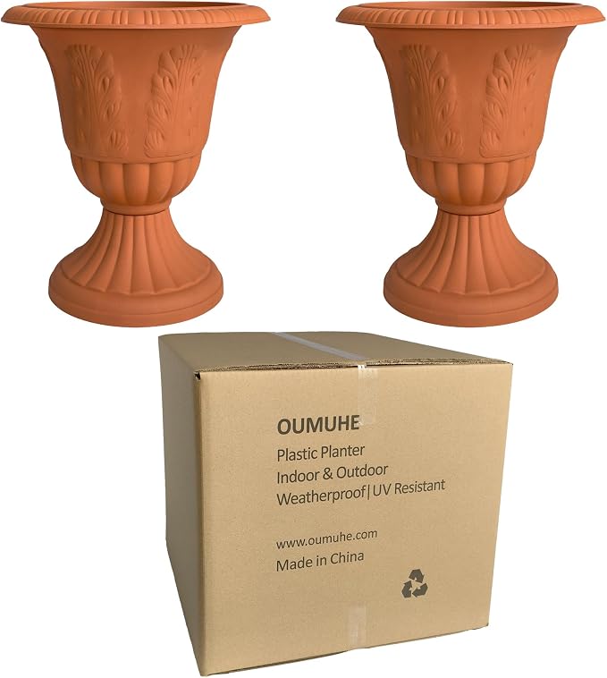 Set of 2 Goblet-Shaped Plastic Planter Urns, Terracotta, Dia 14.6" Large | OUMUHE elegant plastic flower pots with secure buckle base & porous drainage for outdoor porch plants, 16" H × 14.5" D