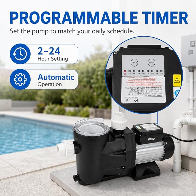 1.5 HP Pool Pump 110V/120V Above/In Ground Pool Pump | Self Priming, 105.7GPM, 2-24H Timer, 52.49ft Hmax, 422.68qt/min, Max. 122℉, Overheating Protection for Pools