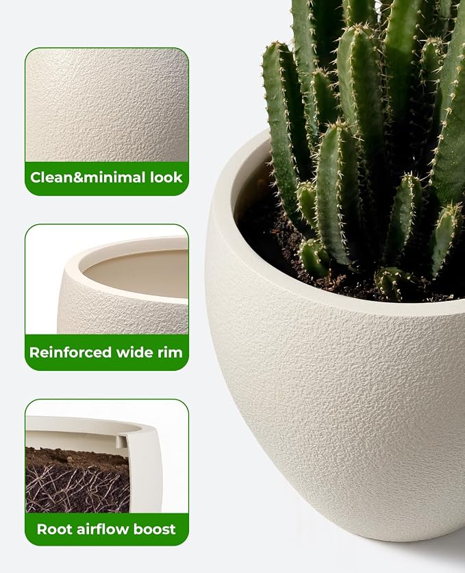 homenote Flower Pots 14.5/12/9.6 Inch,Large Plant Pots Indoor with Drainage,Plastic Pots for Plants,Garden Pots for Outdoor,Large Planters for Indoor Plants,Big Plastic Planter,Off-White(3 Pcs)
