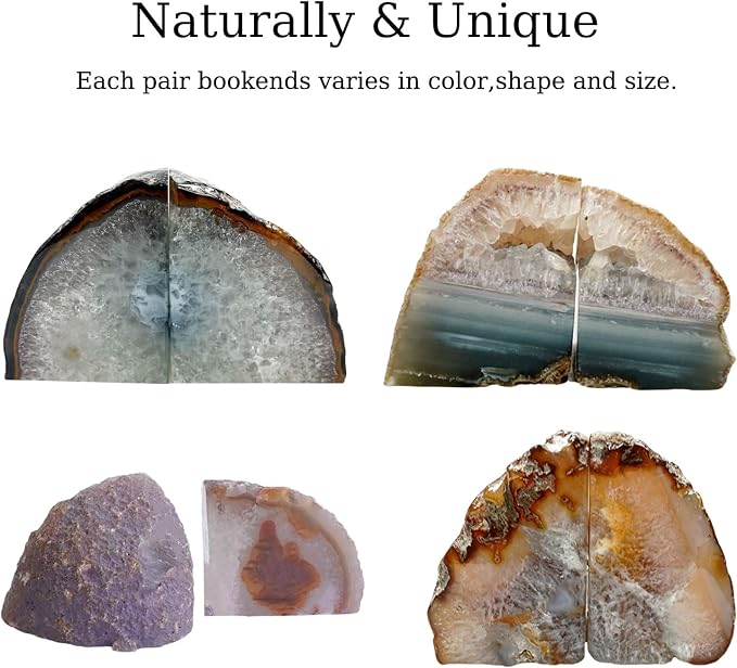 Natural Agate Geode Bookends - 3 to 4 lb Heavy Duty Rock Crystal Stone Book Ends for Shelves, with Rubber Bumpers, Decorative Book Holders for Home Office