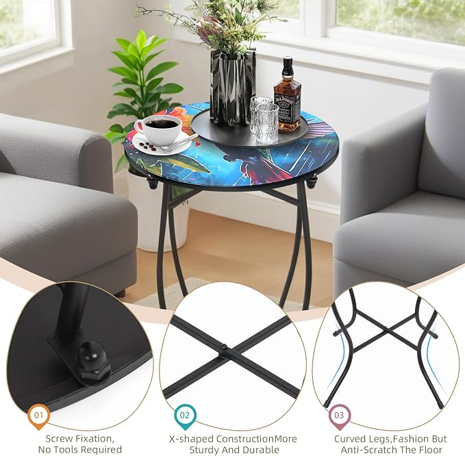 Outdoor Side Table, 21 Inch Tall Patio Side Table, Weather Resistant Metal Round Indoor End Table for Patio Yard Porch Balcony Garden Bedside