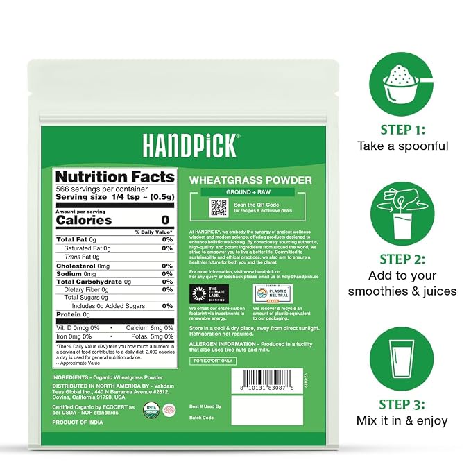 HANDPICK USDA Organic Wheatgrass Powder (10oz) Rich Green Powder - Lab Tested | 100% Whole Leaf | Gluten Free, Non-GMO | No Sugar, No Artificial Ingredients | Resealable Pouch (Packaging may vary)