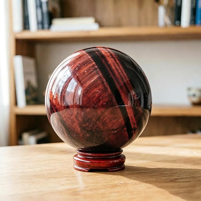 2.4-2.8 inch Natural Red Tiger Eye Crystal Ball with Stand, Hand Polished Quartz Massage Sphere, Reiki Healing Gemstone Ball, Feng Shui Room Desktop Decorative Rock Orb
