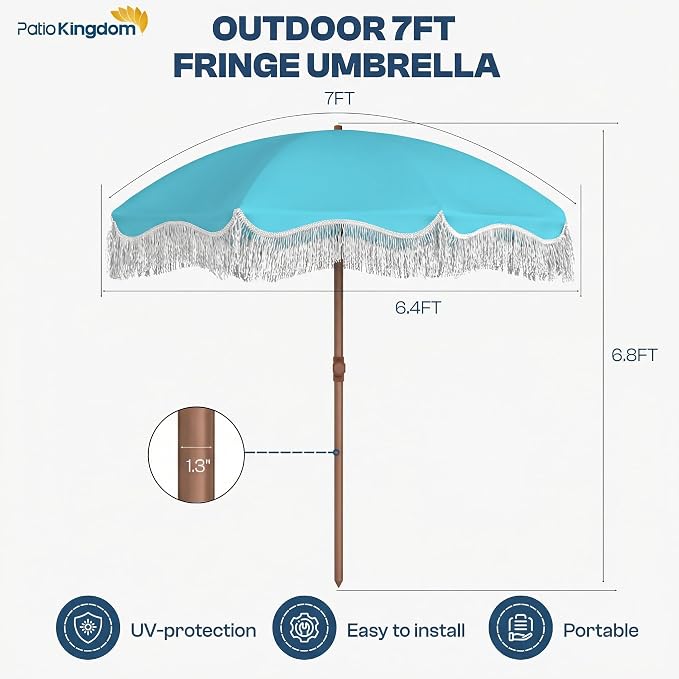 7ft Patio Umbrella with Fringe, Boho Beach Umbrellas, Outdoor Tassels Umbrellas with Push Button Tilt & Carrying Bag, 8 Windproof Fiberglass Ribs, UPF50+