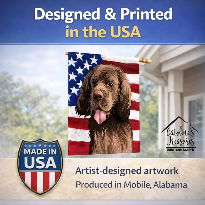 Caroline's Treasures CK6729CHF Sussex Spaniel Dog American Flag House Flag Large Porch Sleeve Pole Decorative Outside Yard Banner Artwork Wall Hanging, Polyester, House Size, Multicolor