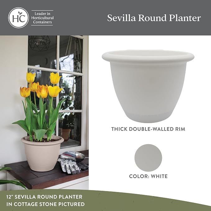 The HC Companies Sevilla Flower Planters - Durable Outdoor & Indoor Planter - Round Lightweight Self Watering Plant Pots for Herbs & More (16" White, Pack of 1)