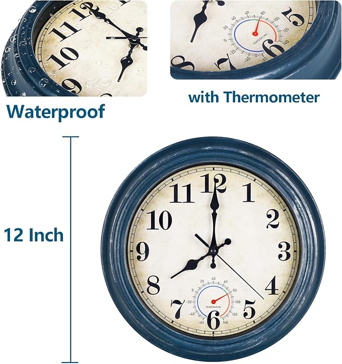 Outdoor Clock Waterproof with Thermometer Wall Clock for Patio Pool Bathroom Kitchen 12 Inch Blue