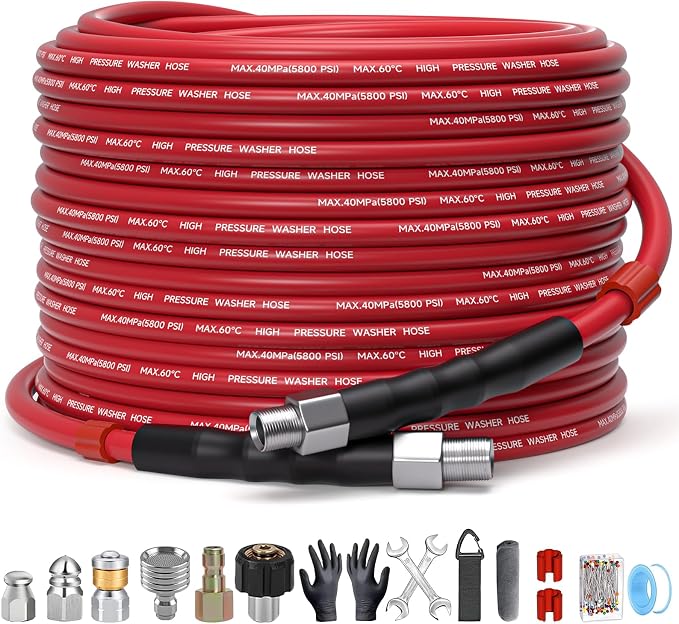 Sewer Jetter Kit for Pressure Washer – 50ft Water Jet Drain Cleaning Hose 5800PSI 1/4 Inch NPT Corner with Sewer Cleaning Tool High Pressure Nozzles and Spanner Waterproof Tape