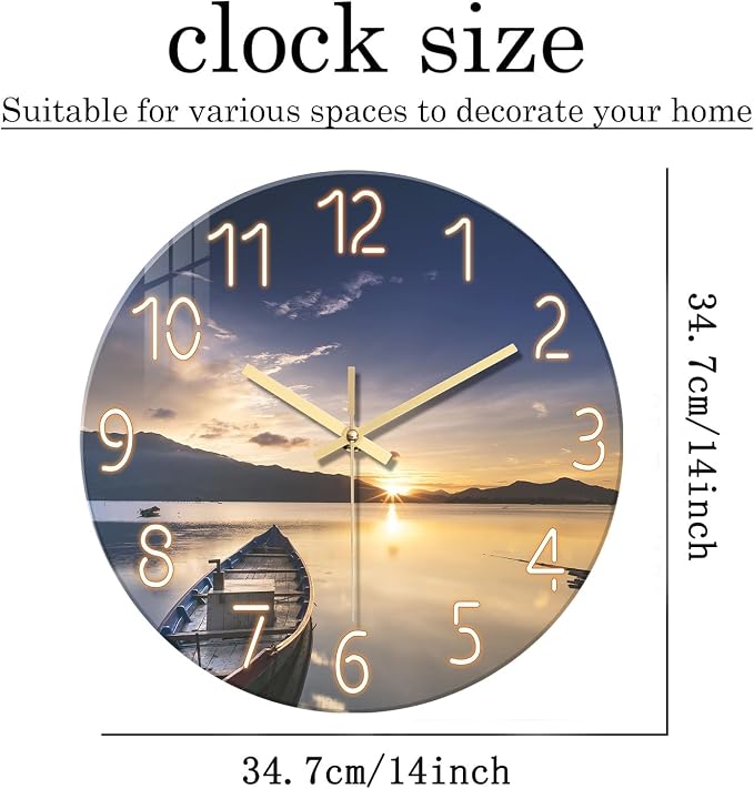Round Glass Wall Clocks Battery Operated 14 Inch | Sunset Wall Clock for Bedroom Living Room Kitchen Office Silent Wall Clock Non Ticking