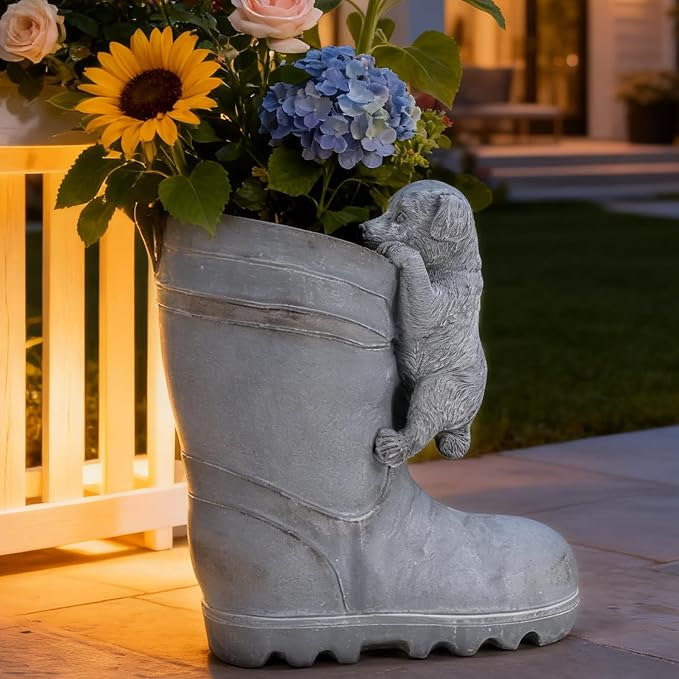 Funny Dog Planter Boot Shaped Resin Pot for Indoor Outdoor Plants Cute Fun Planters for House Patio Porch Decor Succulent Flower Lovers Unique Animal Garden Decorative Pot